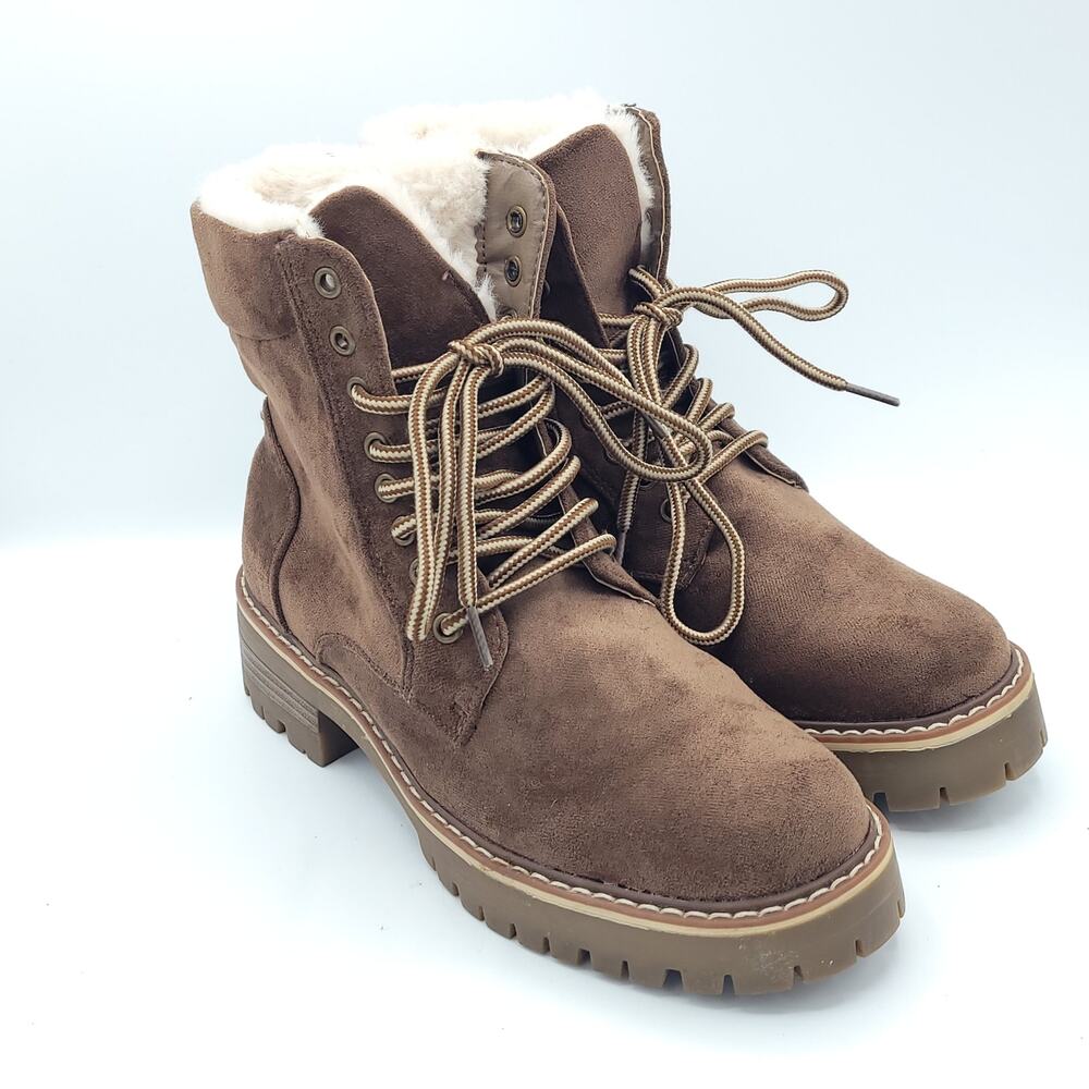 Olivia Miller Brown Suede Boots Lace Up Faux Fur Lining women's Size 7 - Picture 2 of 9